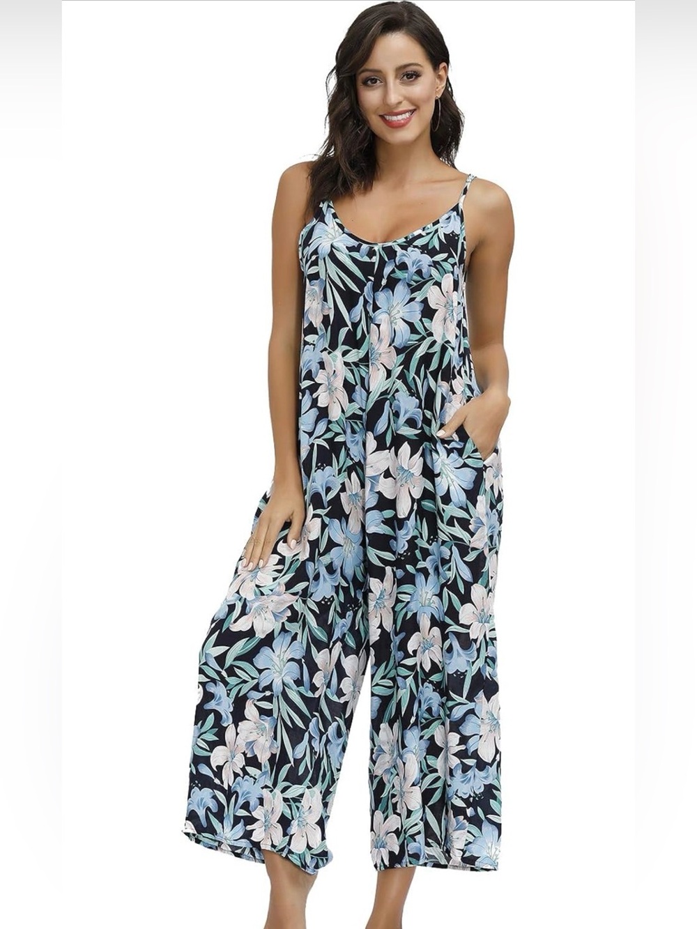 NWT Buenos Ninos Floral Wide-Leg Jumpsuit in Black & Blue pockets. Size Small